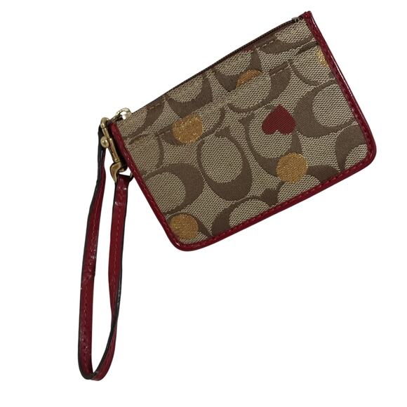 COACH! ADORABLE TAN MONOGRAM W/GOLD DOTS & HEART, RED LEATHER WRISTLET, WALLET! - Picture 3 of 11